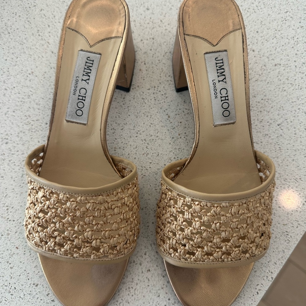 Jimmy Choo Minea 45 Woven Raffia slide heeled Sandals in Barley. Size 39.5 EU - Picture 9 of 14